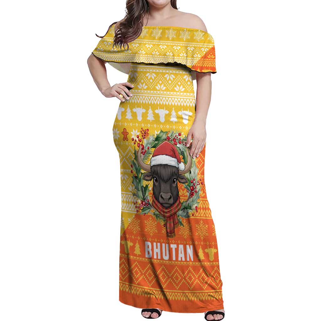 Bhutan Christmas Off Shoulder Maxi Dress with Takin Reindeer Antlers Santa Hat and Yellow Orange Holiday Pattern - Wonder Print Shop