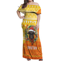 Bhutan Christmas Off Shoulder Maxi Dress with Takin Reindeer Antlers Santa Hat and Yellow Orange Holiday Pattern - Wonder Print Shop
