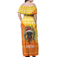 Bhutan Christmas Off Shoulder Maxi Dress with Takin Reindeer Antlers Santa Hat and Yellow Orange Holiday Pattern - Wonder Print Shop