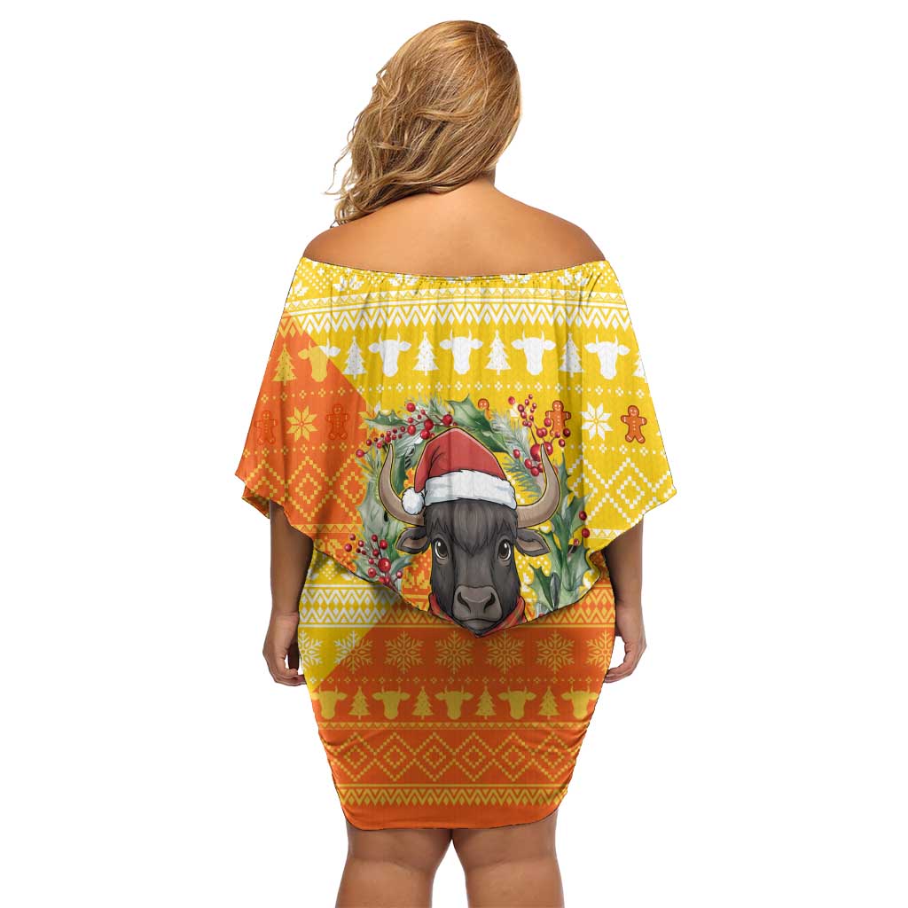 Bhutan Christmas Off Shoulder Short Dress with Takin Reindeer Antlers Santa Hat and Yellow Orange Holiday Pattern - Wonder Print Shop