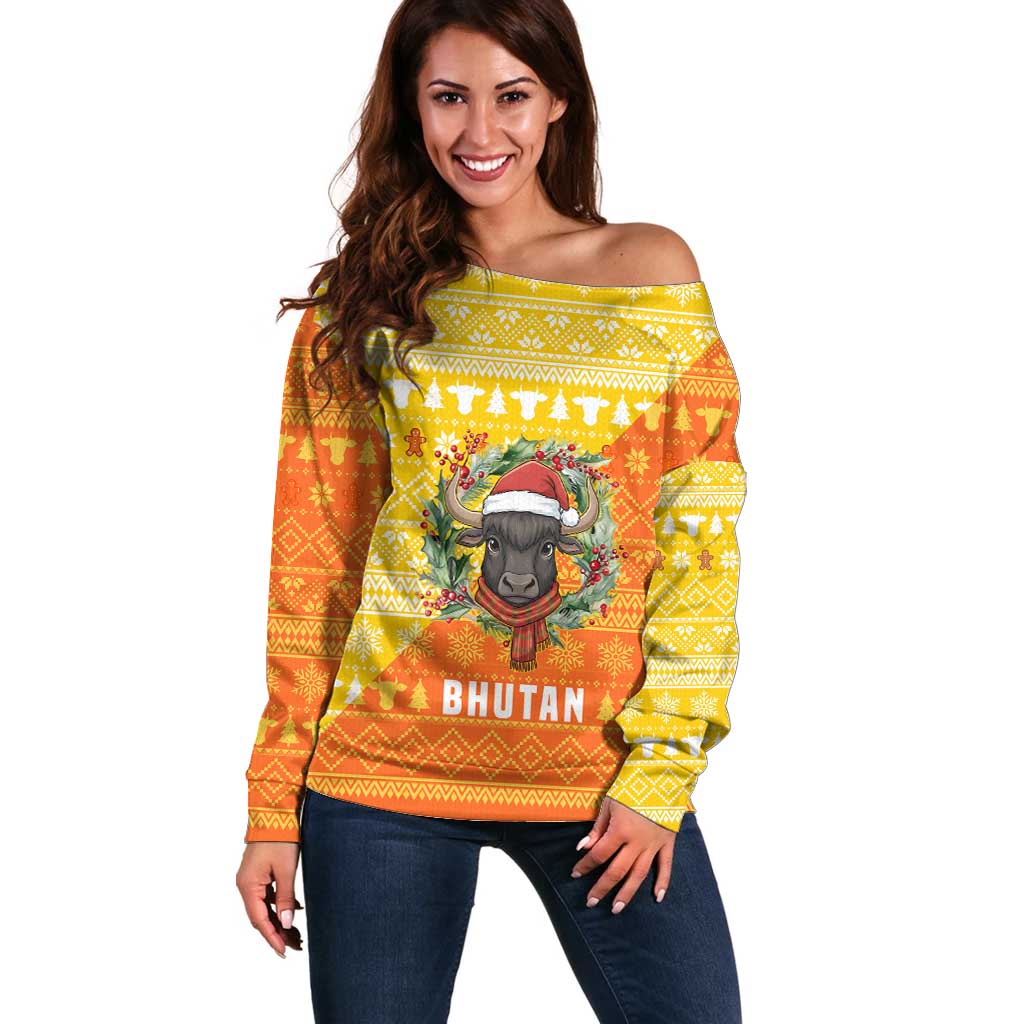 Bhutan Christmas Off Shoulder Sweater with Takin Reindeer Antlers Santa Hat and Yellow Orange Holiday Pattern - Wonder Print Shop