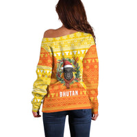Bhutan Christmas Off Shoulder Sweater with Takin Reindeer Antlers Santa Hat and Yellow Orange Holiday Pattern - Wonder Print Shop