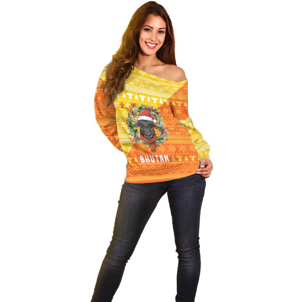 Bhutan Christmas Off Shoulder Sweater with Takin Reindeer Antlers Santa Hat and Yellow Orange Holiday Pattern - Wonder Print Shop