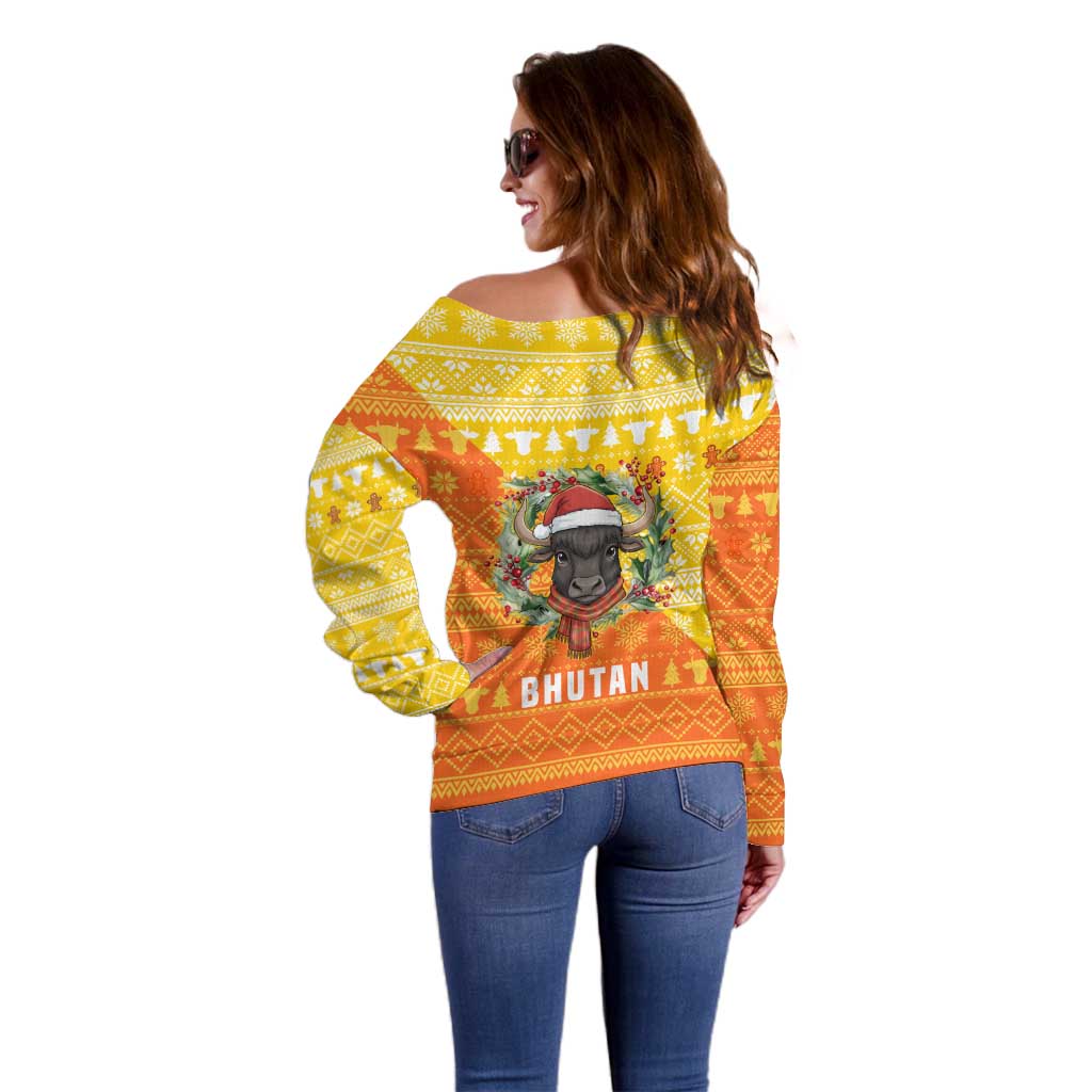 Bhutan Christmas Off Shoulder Sweater with Takin Reindeer Antlers Santa Hat and Yellow Orange Holiday Pattern - Wonder Print Shop