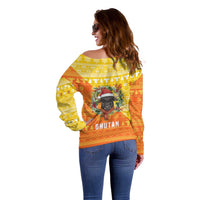 Bhutan Christmas Off Shoulder Sweater with Takin Reindeer Antlers Santa Hat and Yellow Orange Holiday Pattern - Wonder Print Shop