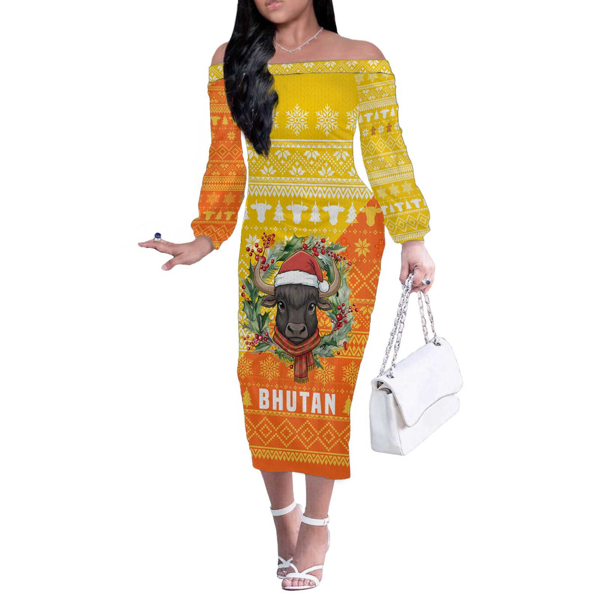 Bhutan Christmas Off The Shoulder Long Sleeve Dress with Takin Reindeer Antlers Santa Hat and Yellow Orange Holiday Pattern - Wonder Print Shop