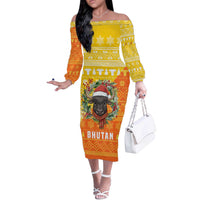 Bhutan Christmas Off The Shoulder Long Sleeve Dress with Takin Reindeer Antlers Santa Hat and Yellow Orange Holiday Pattern - Wonder Print Shop