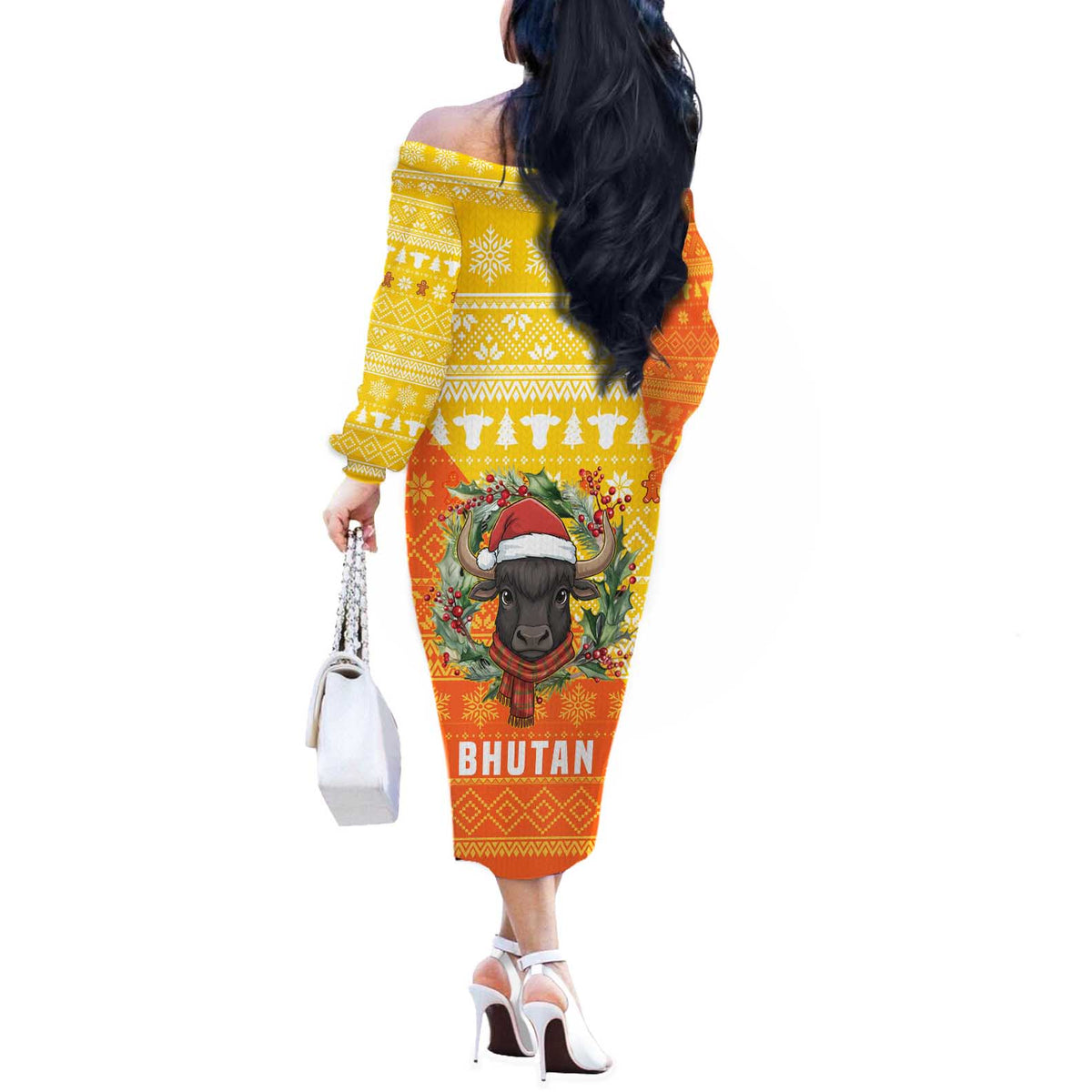 Bhutan Christmas Off The Shoulder Long Sleeve Dress with Takin Reindeer Antlers Santa Hat and Yellow Orange Holiday Pattern - Wonder Print Shop