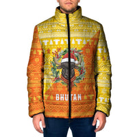 Bhutan Christmas Padded Jacket with Takin Reindeer Antlers Santa Hat and Yellow Orange Holiday Pattern - Wonder Print Shop