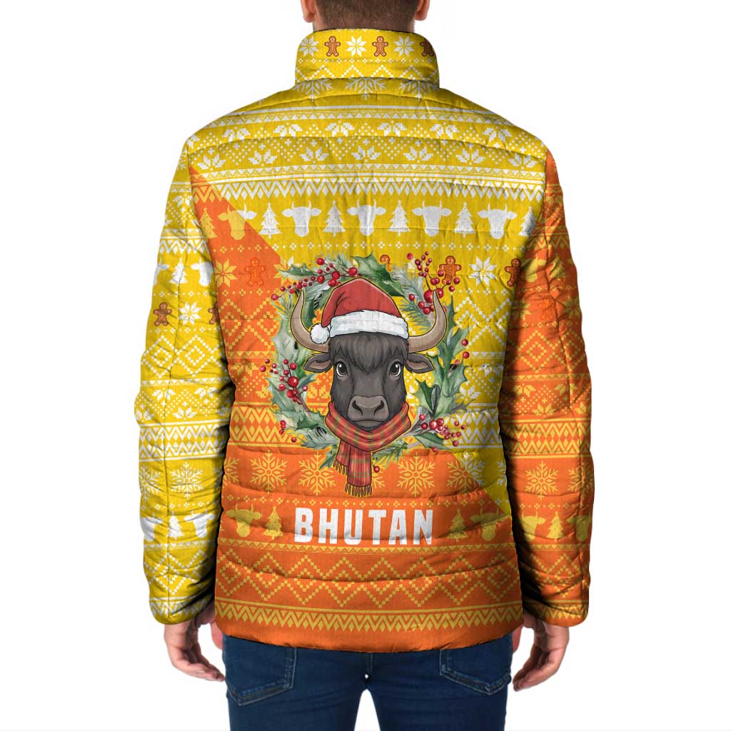 Bhutan Christmas Padded Jacket with Takin Reindeer Antlers Santa Hat and Yellow Orange Holiday Pattern - Wonder Print Shop