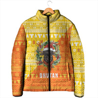 Bhutan Christmas Padded Jacket with Takin Reindeer Antlers Santa Hat and Yellow Orange Holiday Pattern - Wonder Print Shop