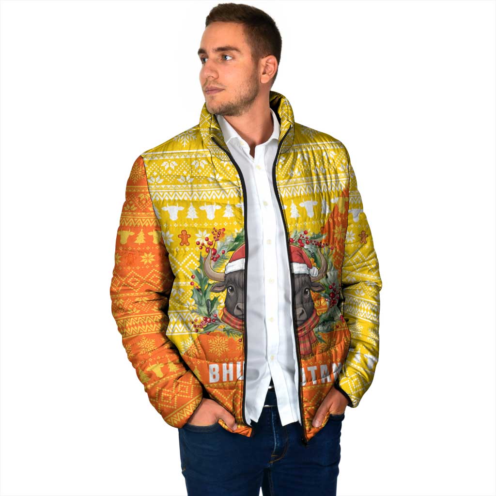 Bhutan Christmas Padded Jacket with Takin Reindeer Antlers Santa Hat and Yellow Orange Holiday Pattern - Wonder Print Shop