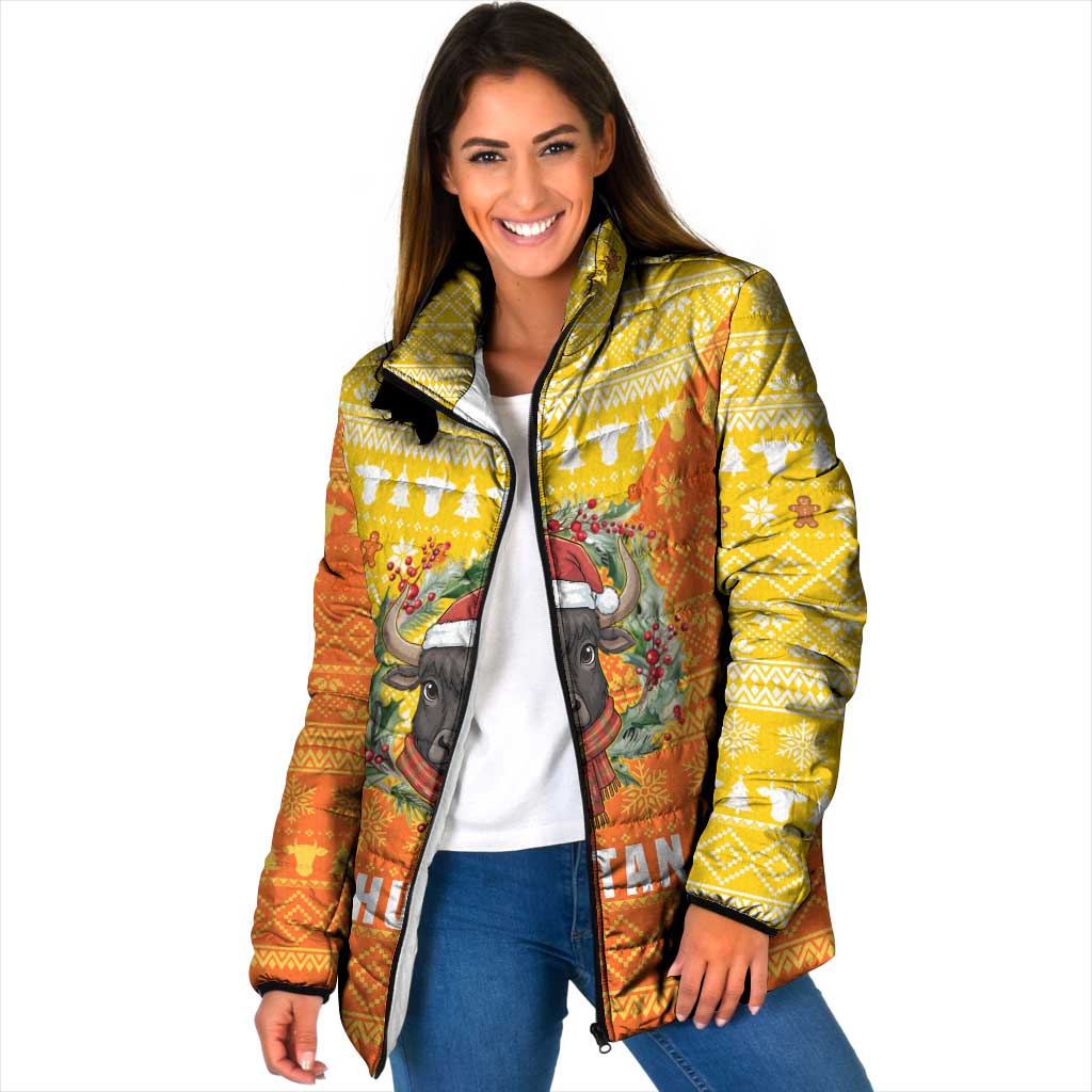 Bhutan Christmas Padded Jacket with Takin Reindeer Antlers Santa Hat and Yellow Orange Holiday Pattern - Wonder Print Shop