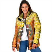 Bhutan Christmas Padded Jacket with Takin Reindeer Antlers Santa Hat and Yellow Orange Holiday Pattern - Wonder Print Shop