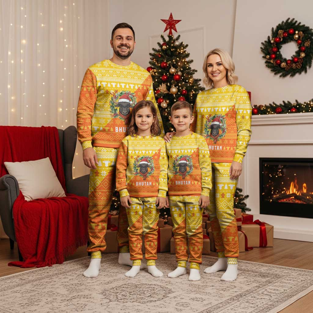 Bhutan Christmas Pajama Set with Takin Reindeer Antlers Santa Hat and Yellow Orange Holiday Pattern - Wonder Print Shop