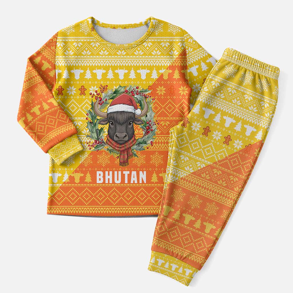Bhutan Christmas Pajama Set with Takin Reindeer Antlers Santa Hat and Yellow Orange Holiday Pattern - Wonder Print Shop
