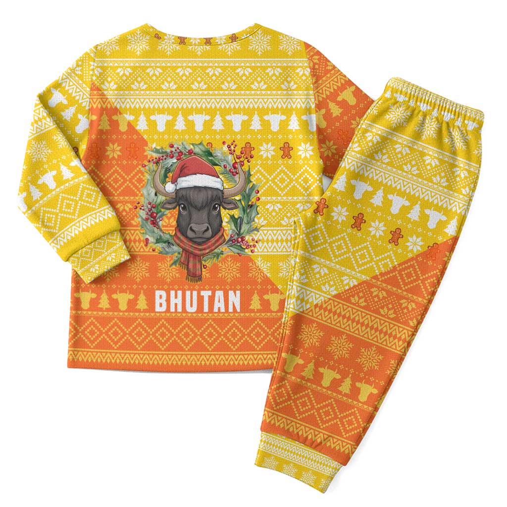 Bhutan Christmas Pajama Set with Takin Reindeer Antlers Santa Hat and Yellow Orange Holiday Pattern - Wonder Print Shop