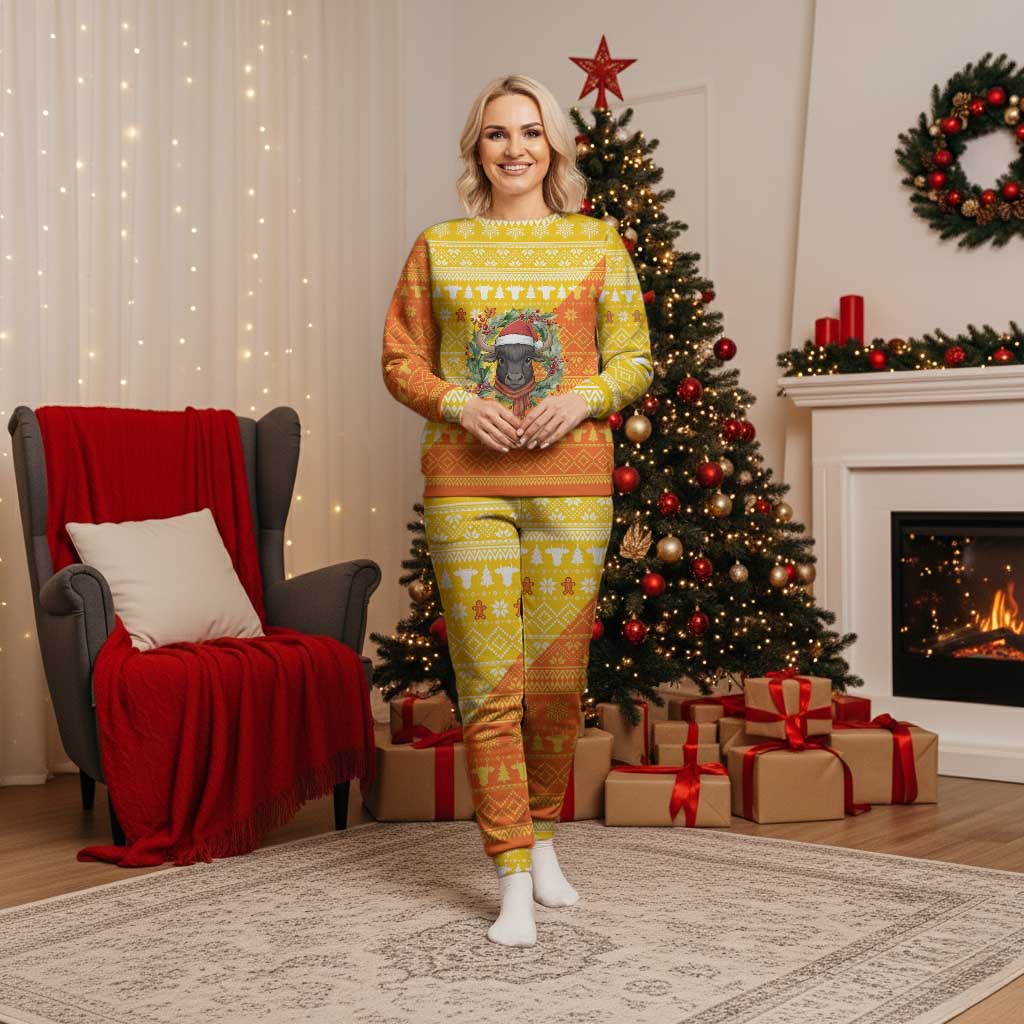 Bhutan Christmas Pajama Set with Takin Reindeer Antlers Santa Hat and Yellow Orange Holiday Pattern - Wonder Print Shop
