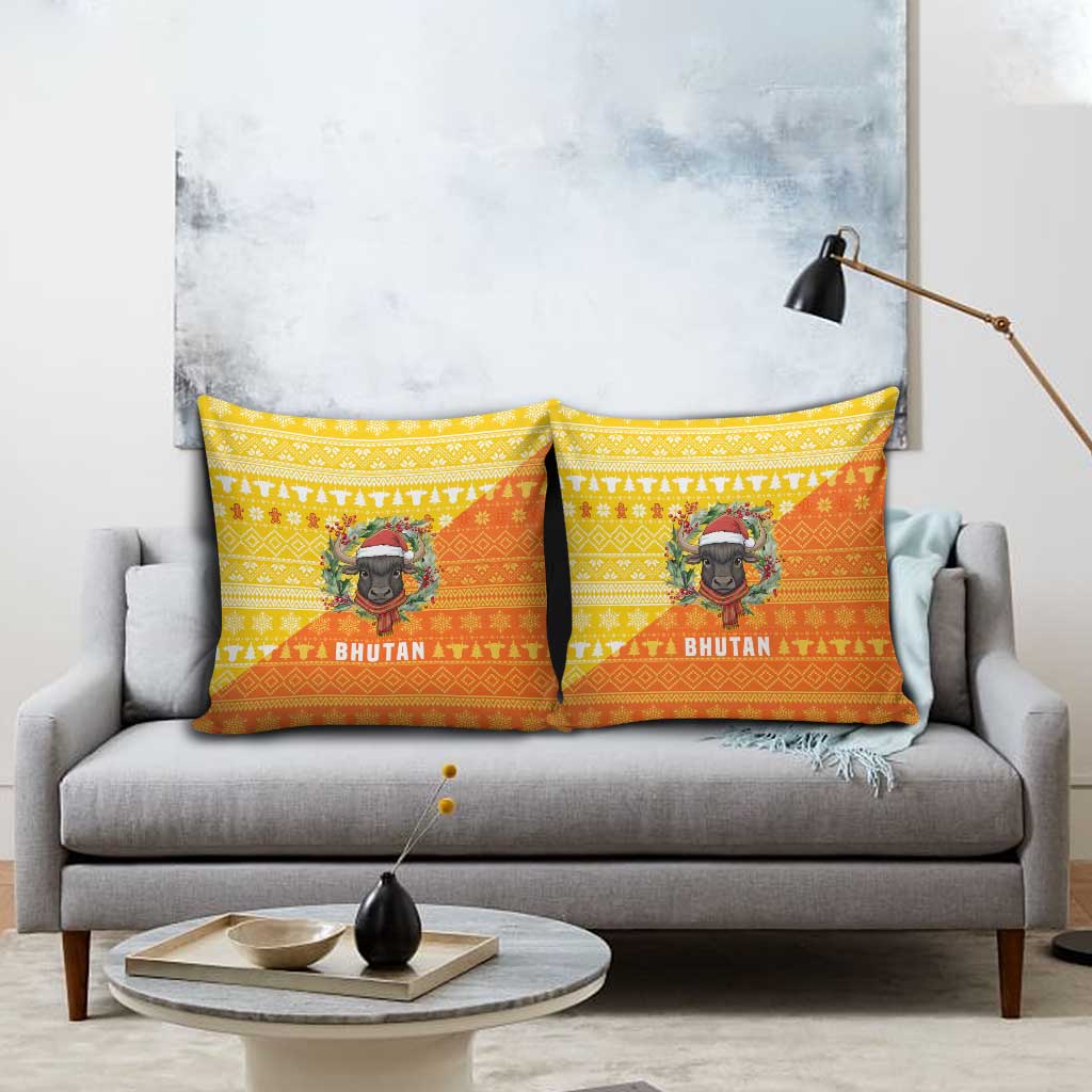 Bhutan Christmas Pillow Cover with Takin Reindeer Antlers Santa Hat and Yellow Orange Holiday Pattern - Wonder Print Shop