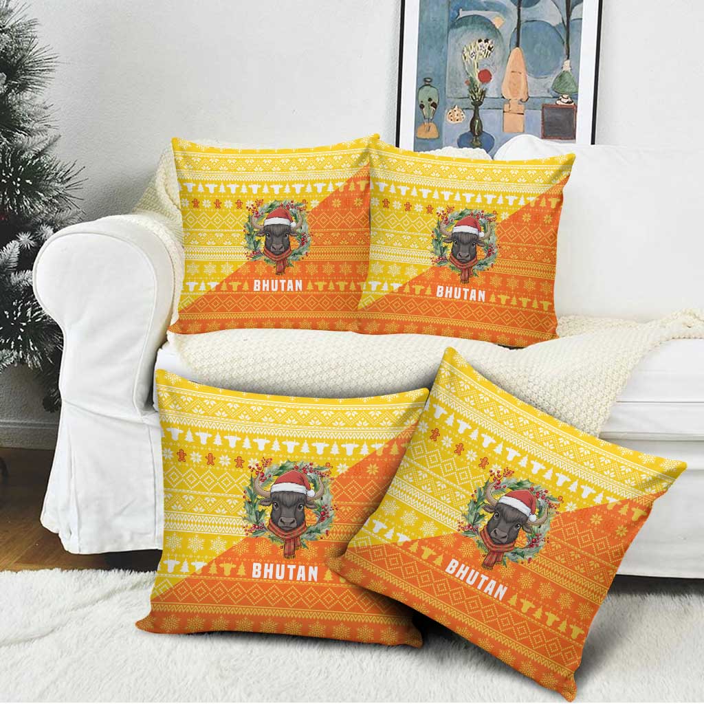 Bhutan Christmas Pillow Cover with Takin Reindeer Antlers Santa Hat and Yellow Orange Holiday Pattern - Wonder Print Shop