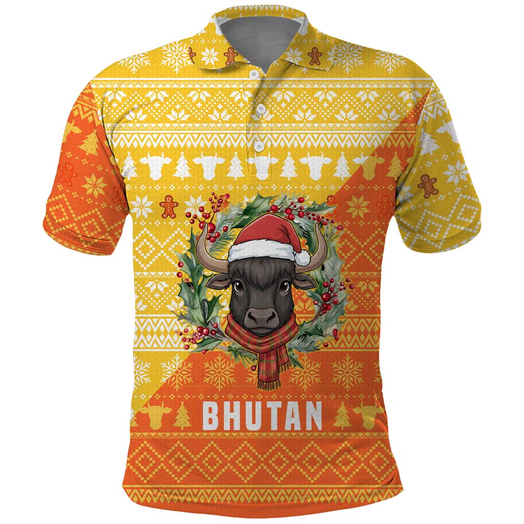 Bhutan Christmas Polo Shirt with Takin Reindeer Antlers Santa Hat and Yellow Orange Holiday Pattern - Wonder Print Shop