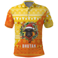 Bhutan Christmas Polo Shirt with Takin Reindeer Antlers Santa Hat and Yellow Orange Holiday Pattern - Wonder Print Shop