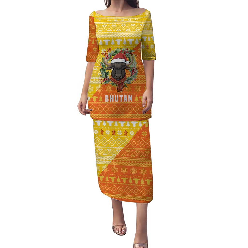 Bhutan Christmas Puletasi with Takin Reindeer Antlers Santa Hat and Yellow Orange Holiday Pattern - Wonder Print Shop