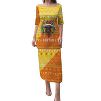 Bhutan Christmas Puletasi with Takin Reindeer Antlers Santa Hat and Yellow Orange Holiday Pattern - Wonder Print Shop