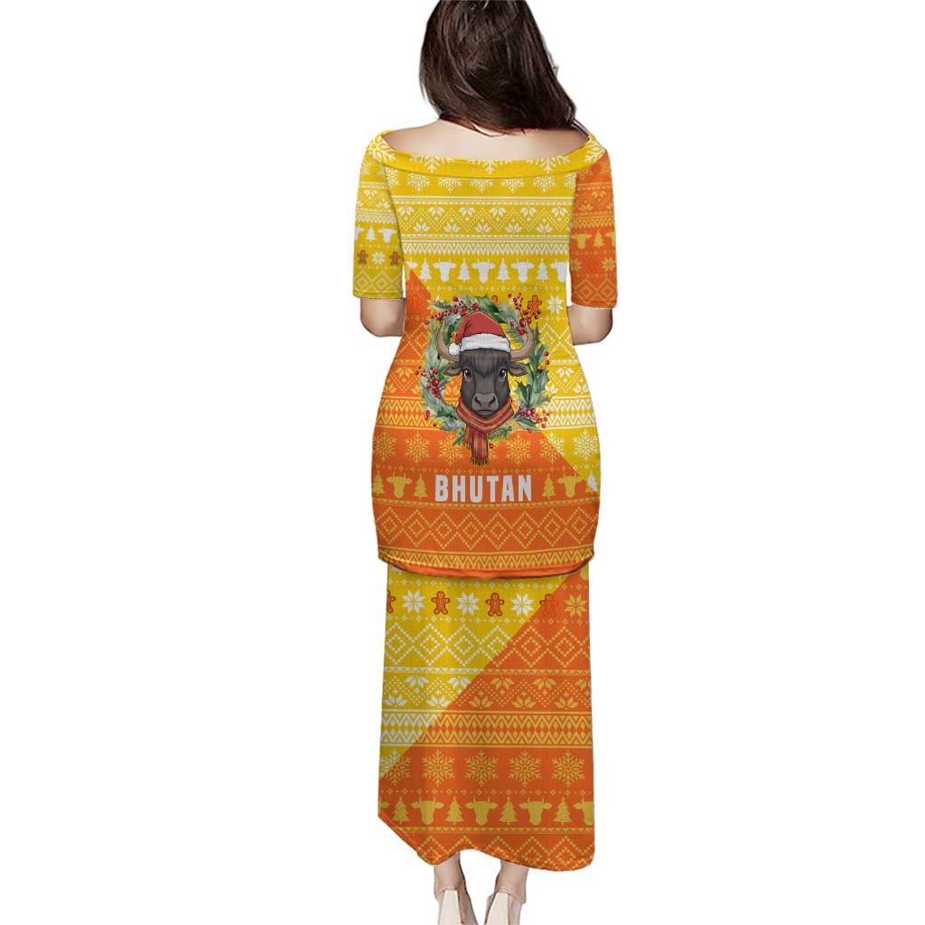 Bhutan Christmas Puletasi with Takin Reindeer Antlers Santa Hat and Yellow Orange Holiday Pattern - Wonder Print Shop