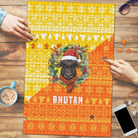 Bhutan Christmas Puzzle with Takin Reindeer Antlers Santa Hat and Yellow Orange Holiday Pattern - Wonder Print Shop