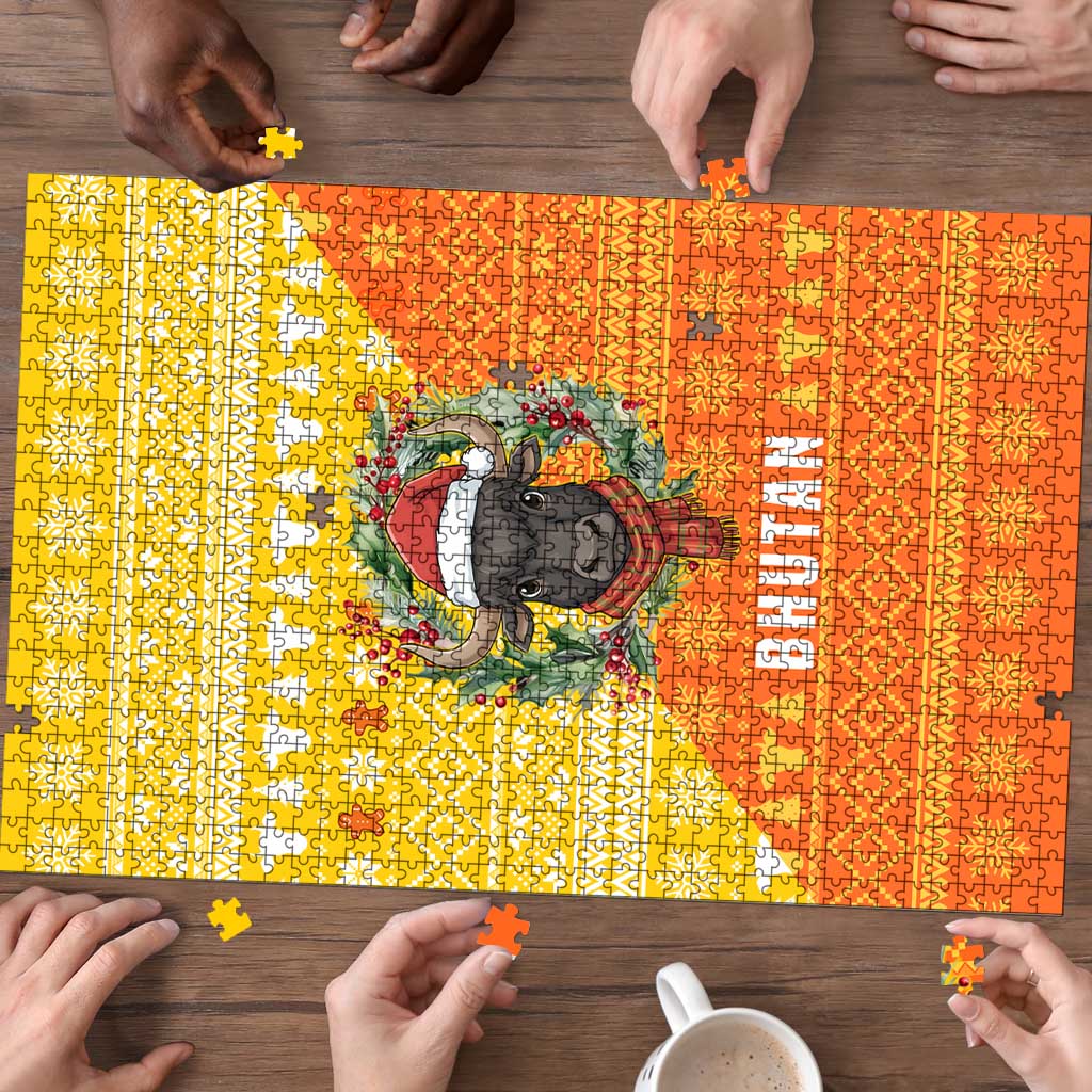 Bhutan Christmas Puzzle with Takin Reindeer Antlers Santa Hat and Yellow Orange Holiday Pattern - Wonder Print Shop