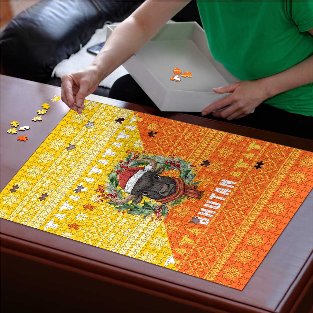 Bhutan Christmas Puzzle with Takin Reindeer Antlers Santa Hat and Yellow Orange Holiday Pattern - Wonder Print Shop