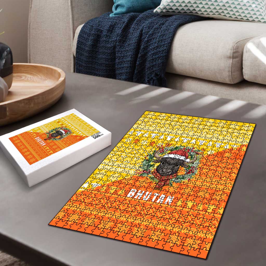 Bhutan Christmas Puzzle with Takin Reindeer Antlers Santa Hat and Yellow Orange Holiday Pattern - Wonder Print Shop