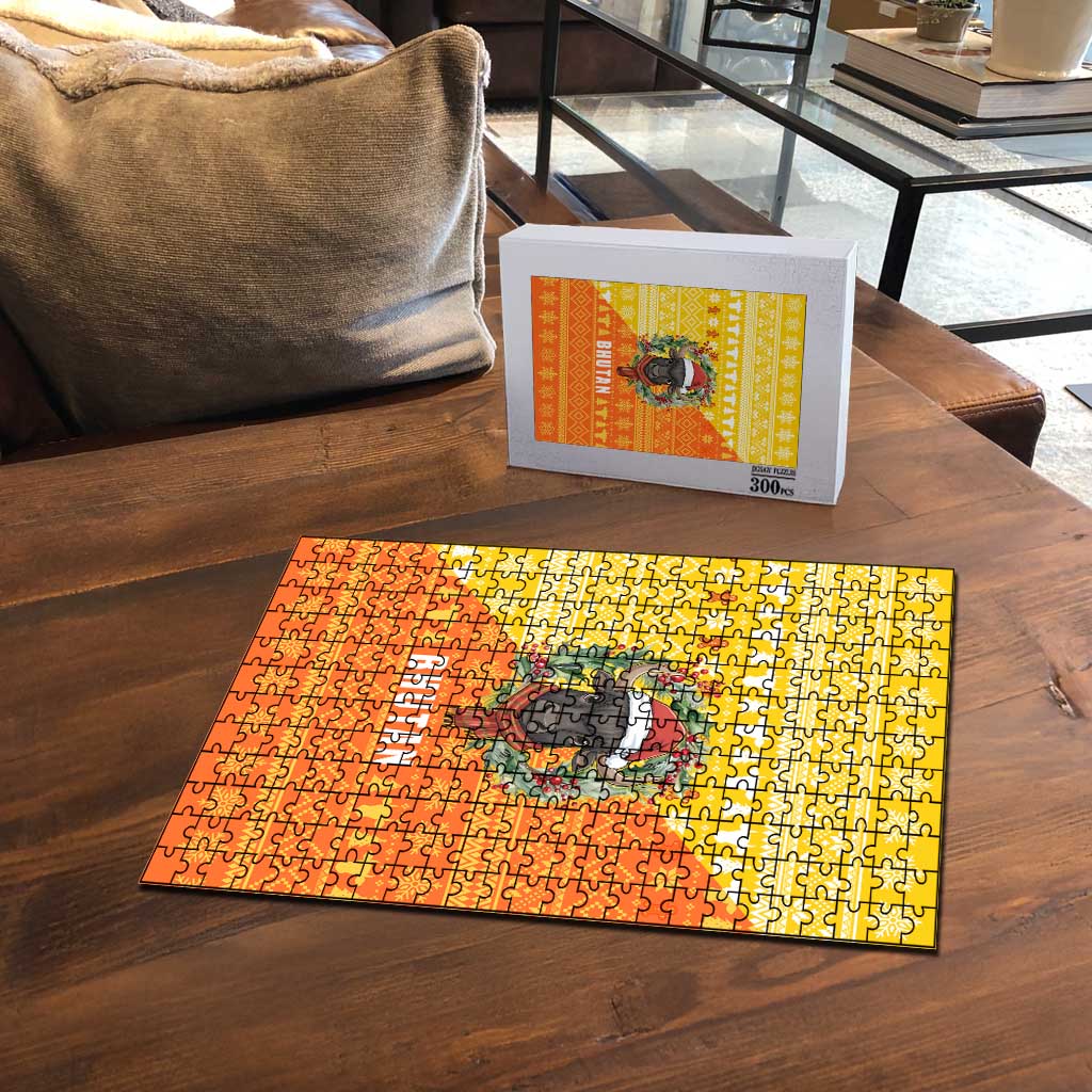 Bhutan Christmas Puzzle with Takin Reindeer Antlers Santa Hat and Yellow Orange Holiday Pattern - Wonder Print Shop