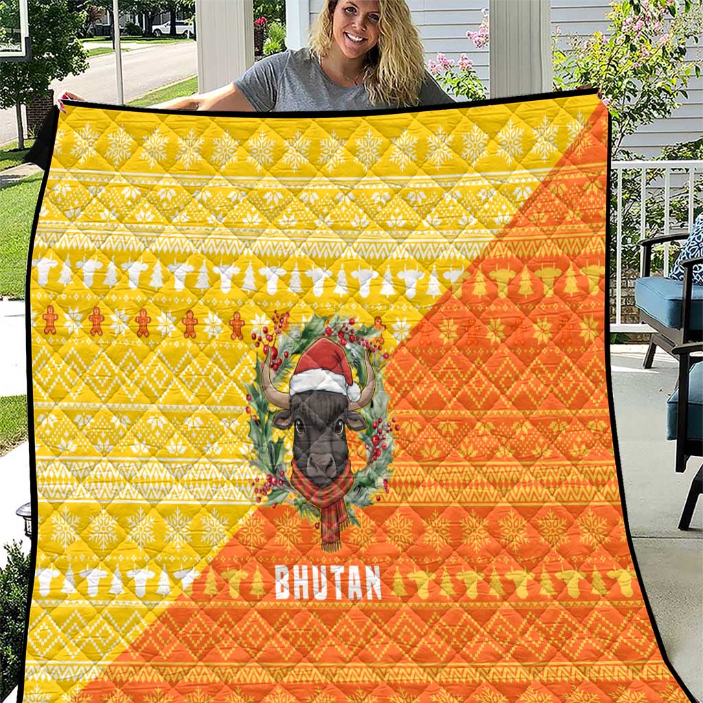Bhutan Christmas Quilt with Takin Reindeer Antlers Santa Hat and Yellow Orange Holiday Pattern - Wonder Print Shop