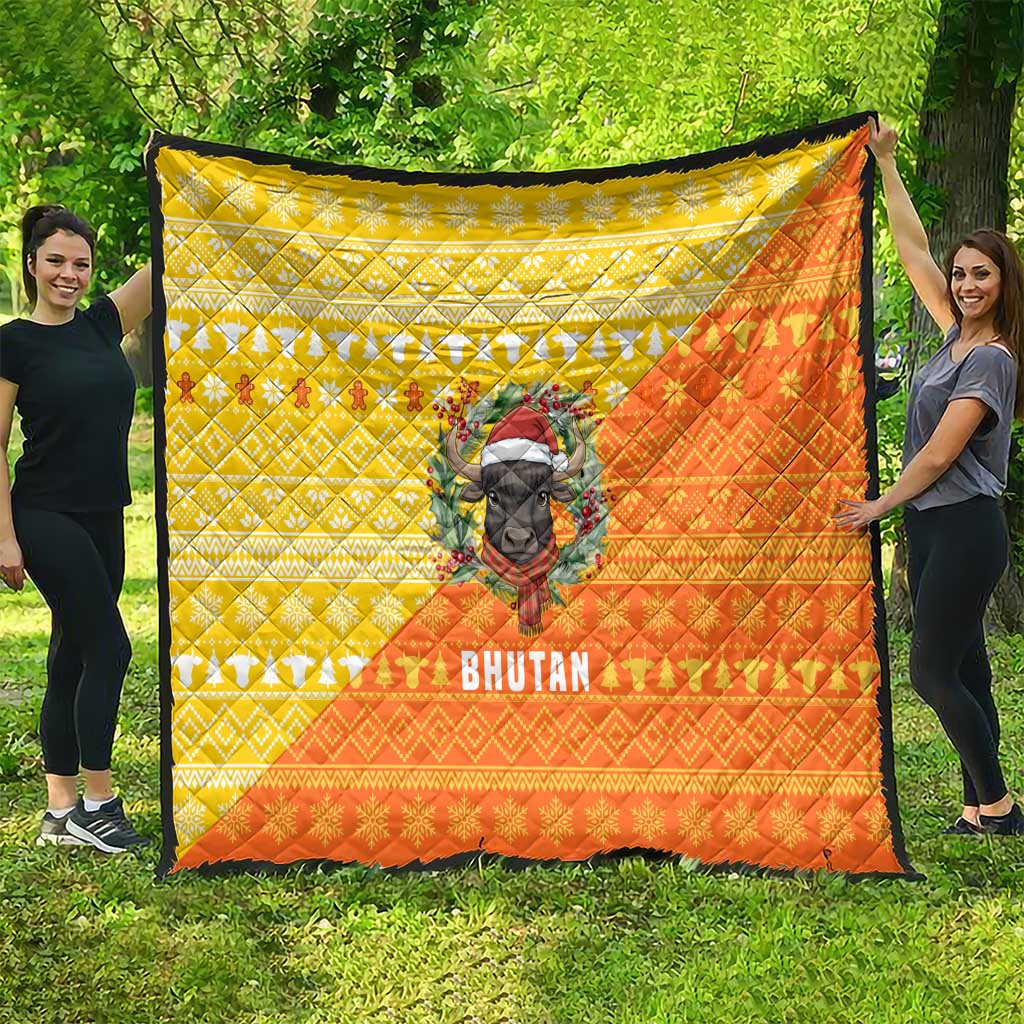 Bhutan Christmas Quilt with Takin Reindeer Antlers Santa Hat and Yellow Orange Holiday Pattern - Wonder Print Shop