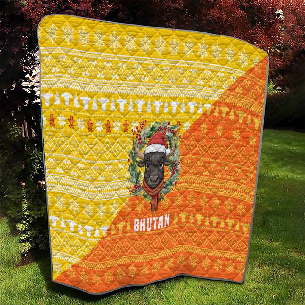 Bhutan Christmas Quilt with Takin Reindeer Antlers Santa Hat and Yellow Orange Holiday Pattern - Wonder Print Shop