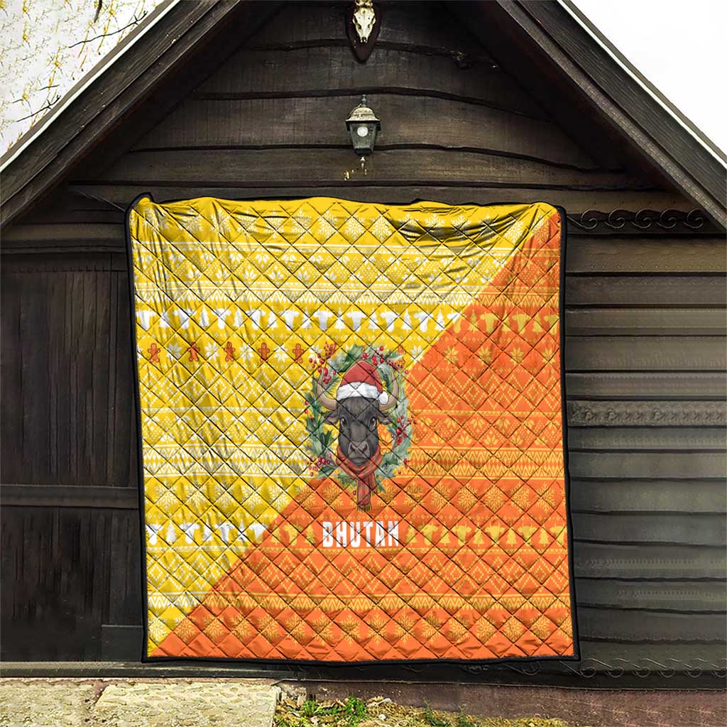 Bhutan Christmas Quilt with Takin Reindeer Antlers Santa Hat and Yellow Orange Holiday Pattern - Wonder Print Shop