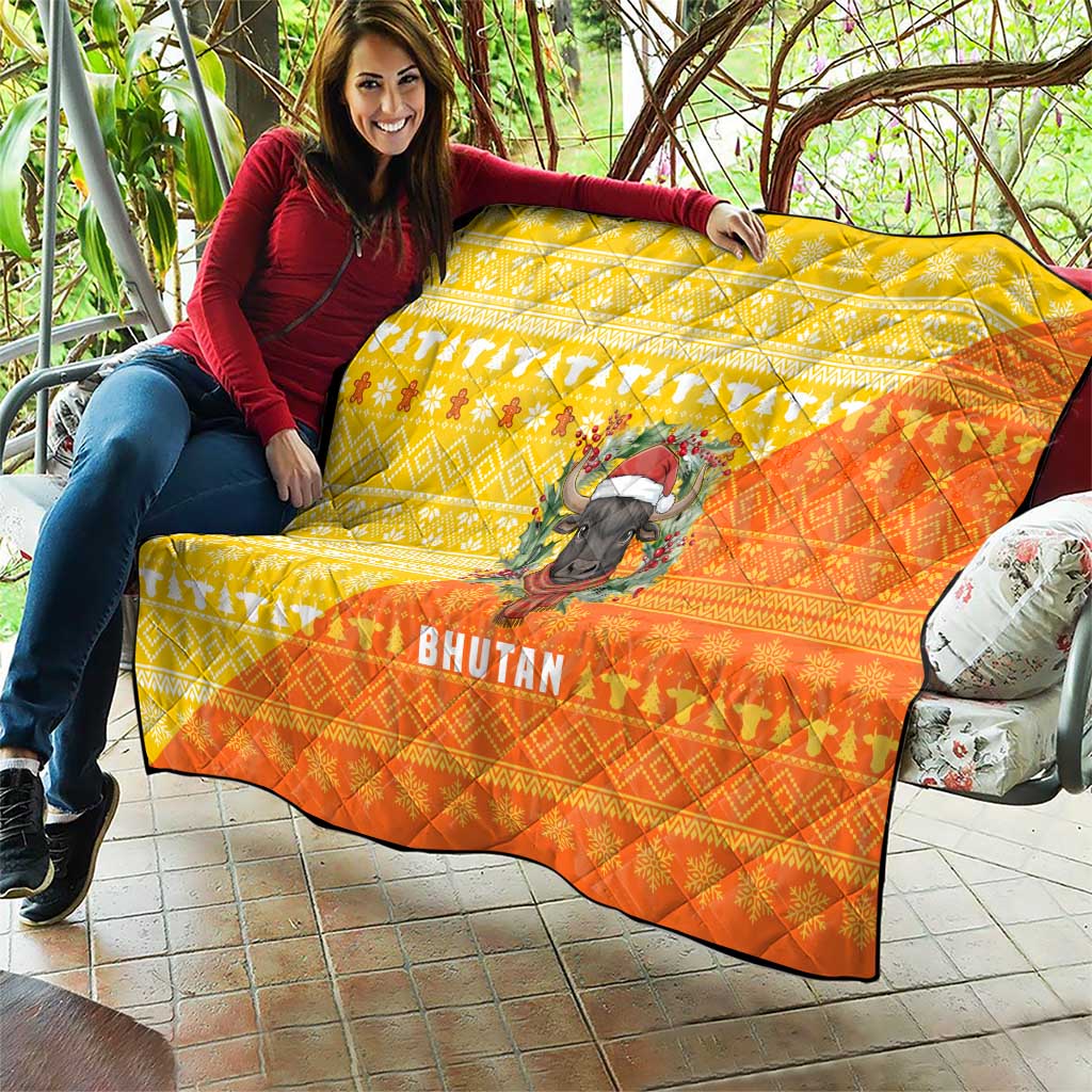 Bhutan Christmas Quilt with Takin Reindeer Antlers Santa Hat and Yellow Orange Holiday Pattern - Wonder Print Shop