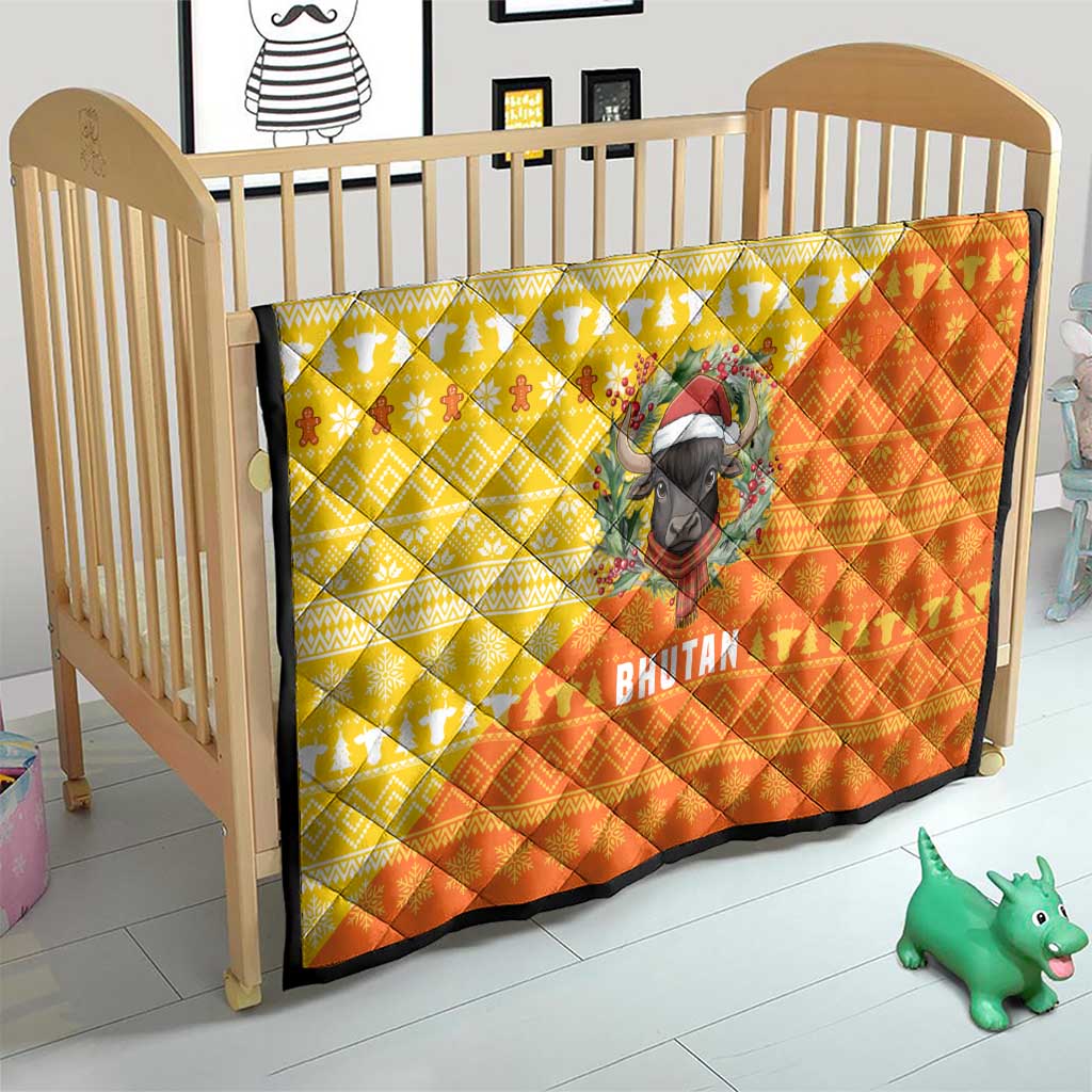 Bhutan Christmas Quilt with Takin Reindeer Antlers Santa Hat and Yellow Orange Holiday Pattern - Wonder Print Shop