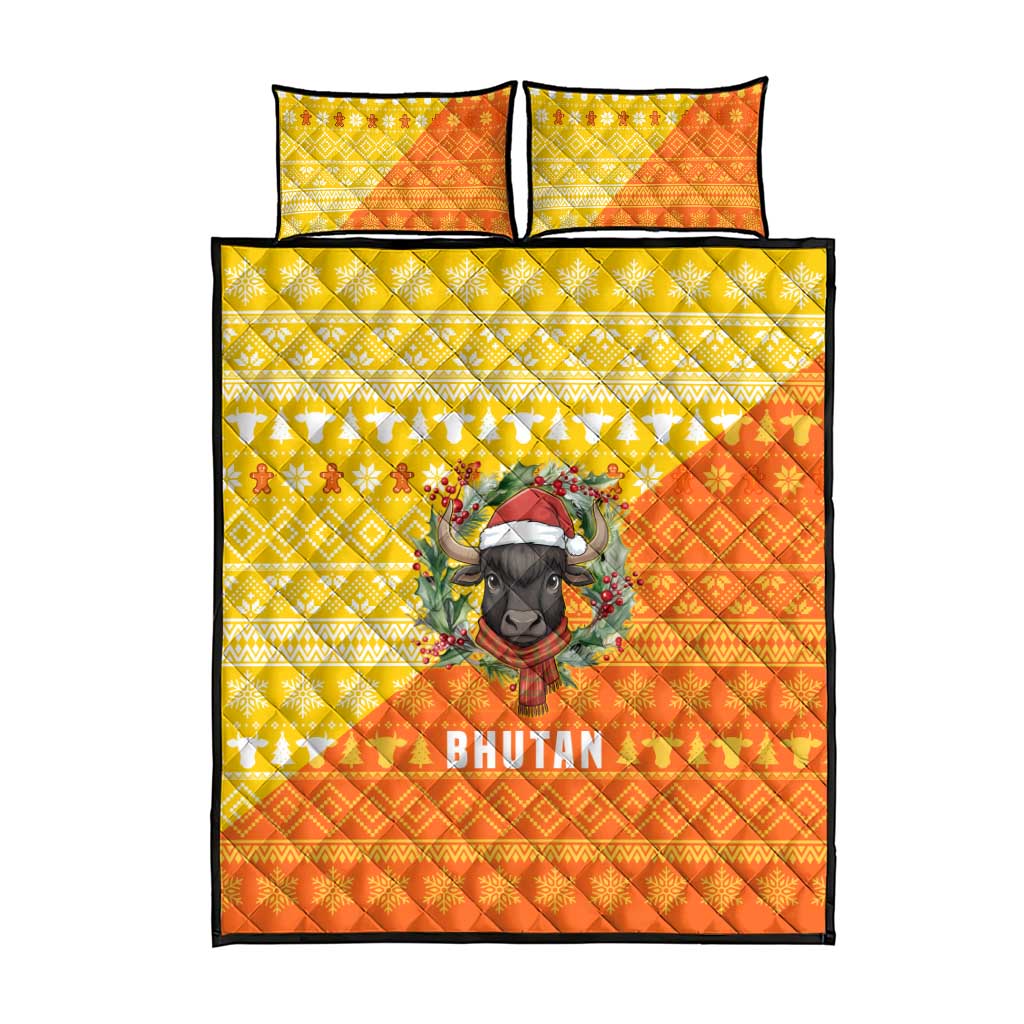Bhutan Christmas Quilt Bed Set with Takin Reindeer Antlers Santa Hat and Yellow Orange Holiday Pattern - Wonder Print Shop