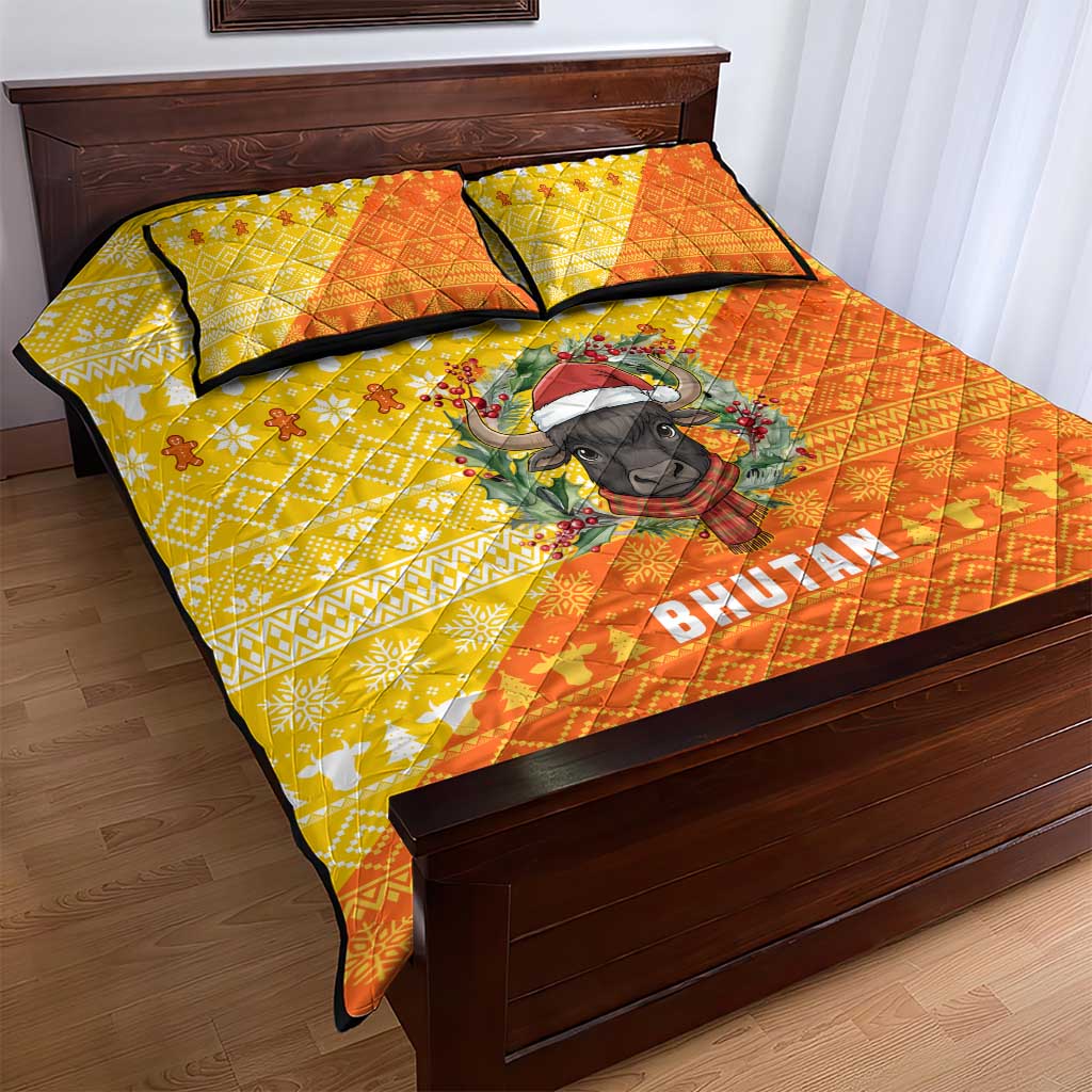 Bhutan Christmas Quilt Bed Set with Takin Reindeer Antlers Santa Hat and Yellow Orange Holiday Pattern - Wonder Print Shop