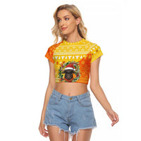 Bhutan Christmas Raglan Cropped T Shirt with Takin Reindeer Antlers Santa Hat and Yellow Orange Holiday Pattern - Wonder Print Shop