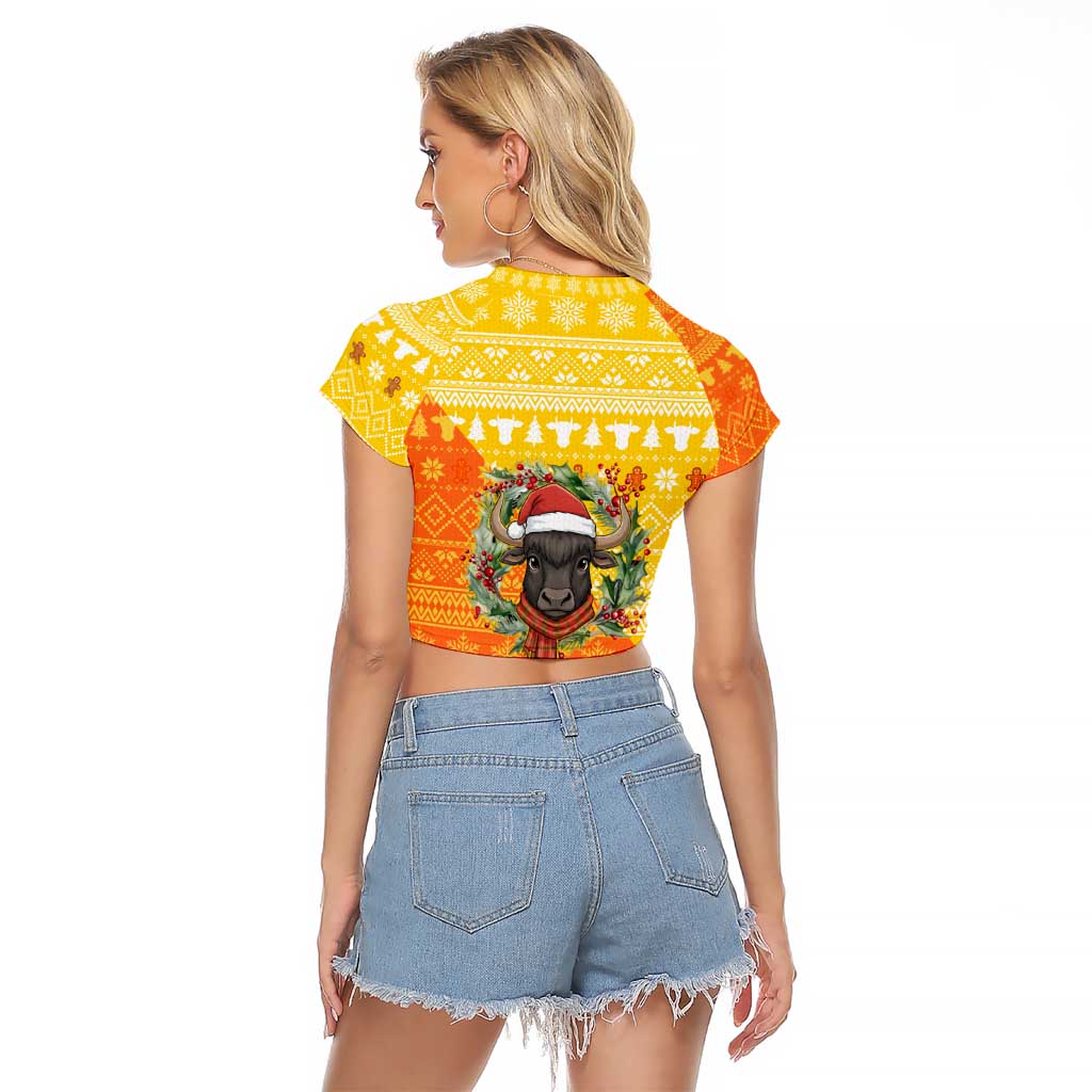 Bhutan Christmas Raglan Cropped T Shirt with Takin Reindeer Antlers Santa Hat and Yellow Orange Holiday Pattern - Wonder Print Shop