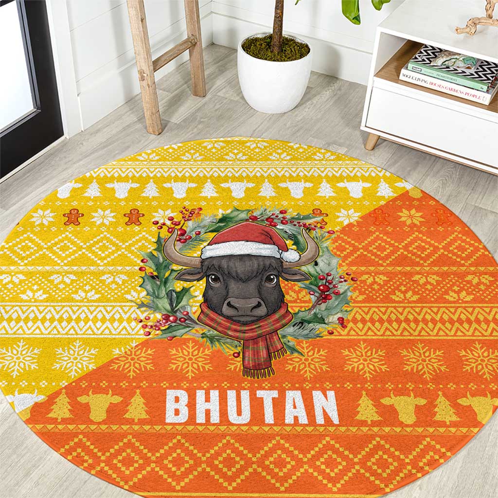 Bhutan Christmas Round Carpet with Takin Reindeer Antlers Santa Hat and Yellow Orange Holiday Pattern - Wonder Print Shop