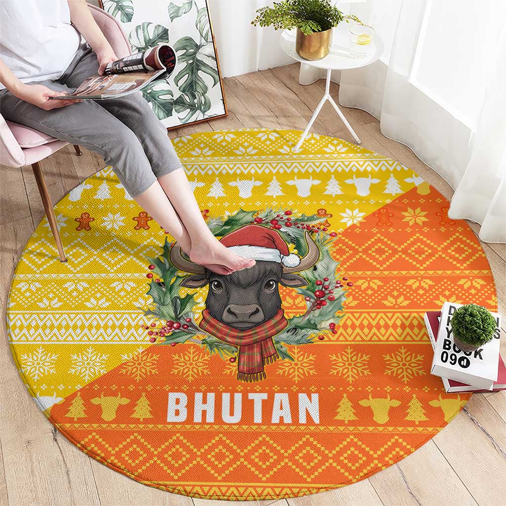 Bhutan Christmas Round Carpet with Takin Reindeer Antlers Santa Hat and Yellow Orange Holiday Pattern - Wonder Print Shop