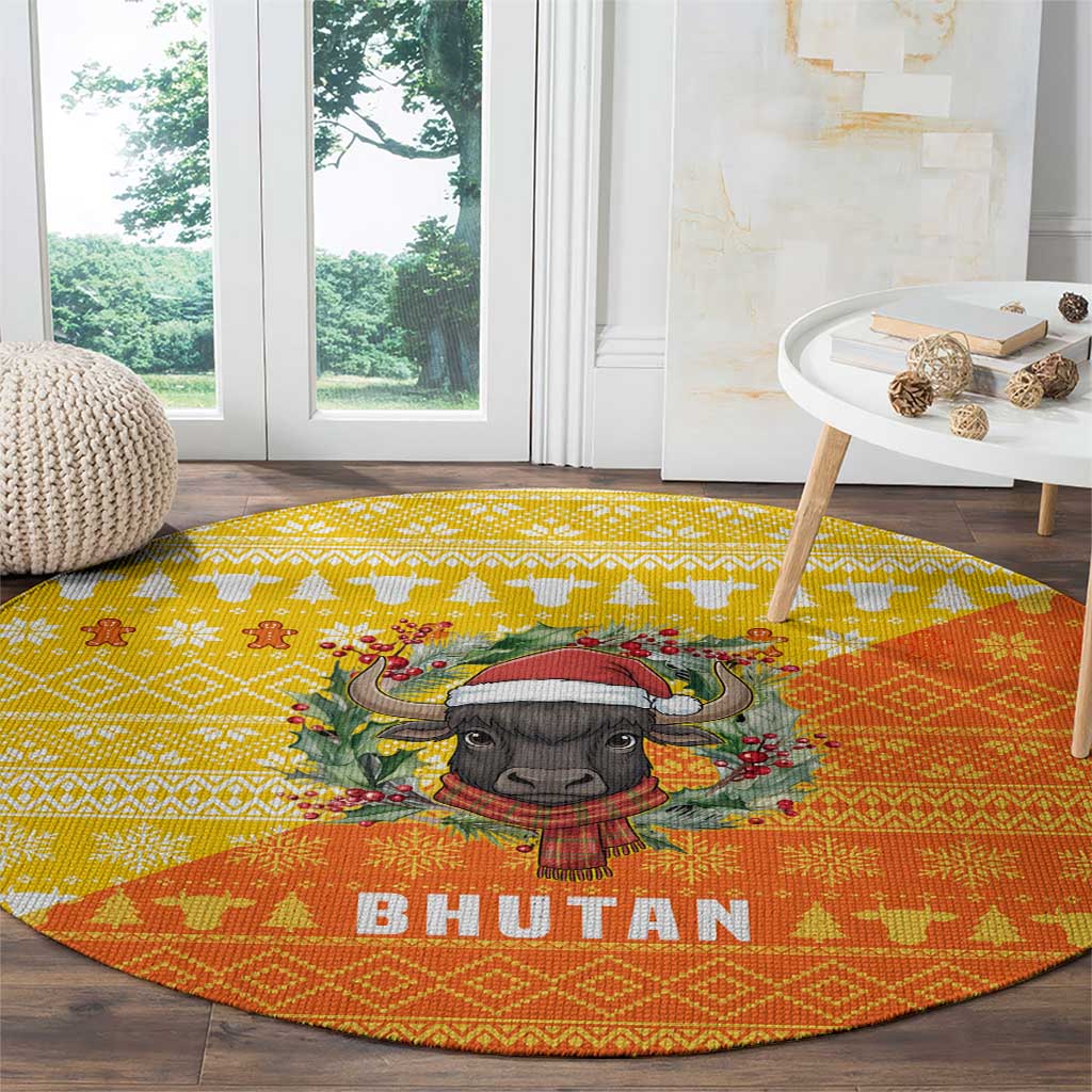 Bhutan Christmas Round Carpet with Takin Reindeer Antlers Santa Hat and Yellow Orange Holiday Pattern - Wonder Print Shop