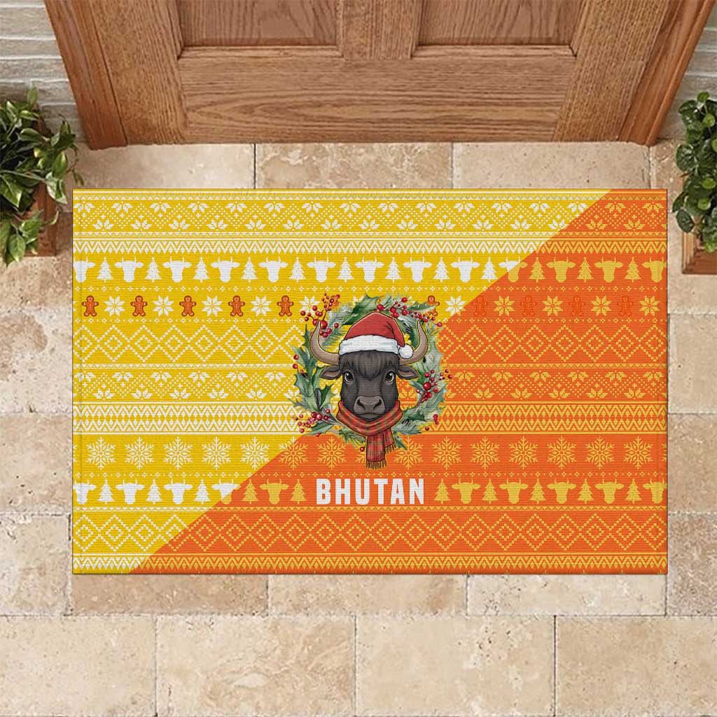 Bhutan Christmas Rubber Doormat with Takin Reindeer Antlers Santa Hat and Yellow Orange Holiday Pattern - Wonder Print Shop