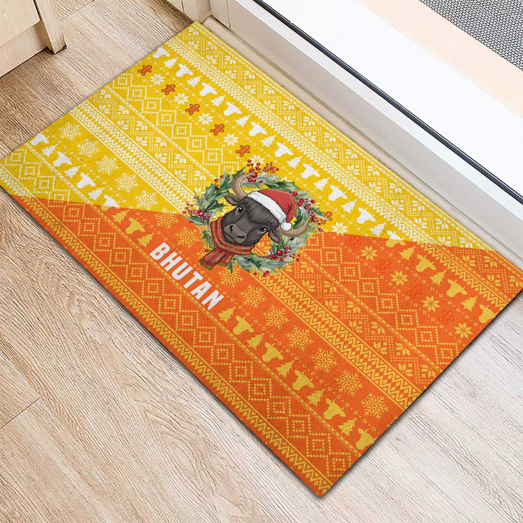 Bhutan Christmas Rubber Doormat with Takin Reindeer Antlers Santa Hat and Yellow Orange Holiday Pattern - Wonder Print Shop