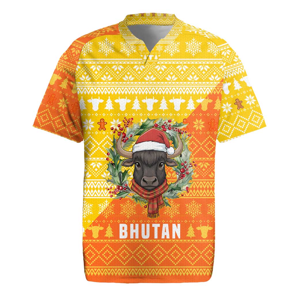 Bhutan Christmas Rugby Jersey with Takin Reindeer Antlers Santa Hat and Yellow Orange Holiday Pattern - Wonder Print Shop
